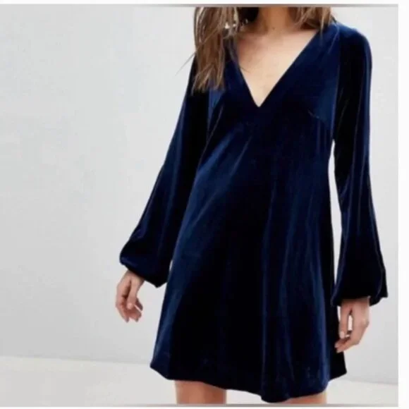 Free People Misha Velvet Mini Dress Long Sleeve Blue Size XS - Picture 2 of 8